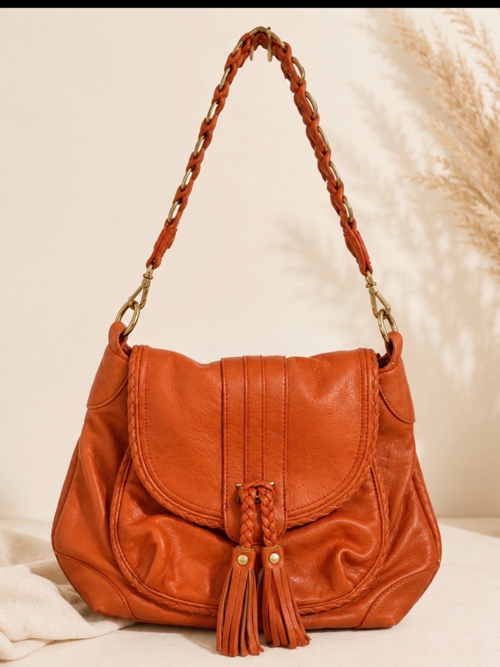 Urban Expressions- orange rusty tone-  Braided Handle - faux leather Bag